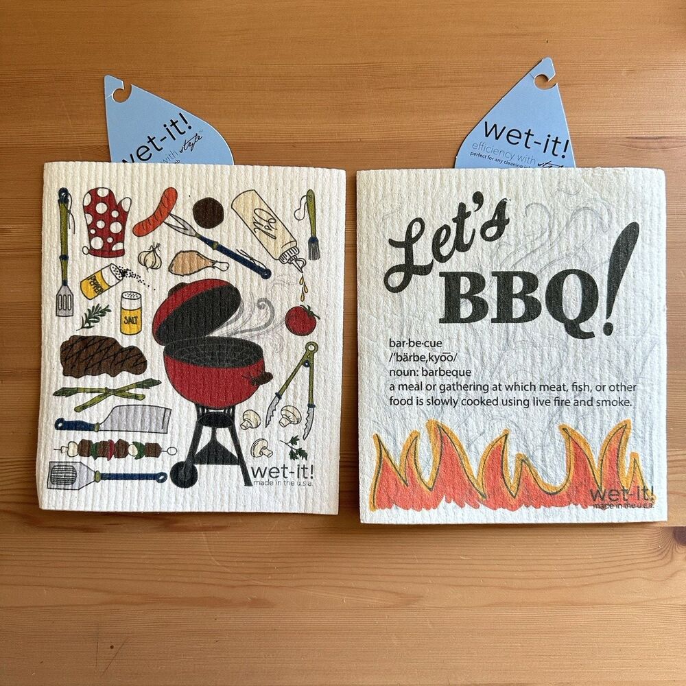 Wet-It! Swedish Dishcloth Set of 2 Let's BBQ Dish Cloths Ecofriendly NEW